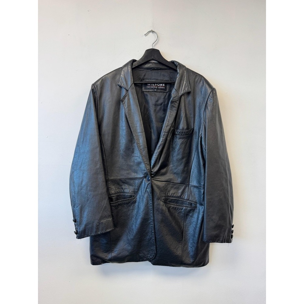 Wilsons Leather Jacket Large Black Blazer Long Coat Button Front Pockets